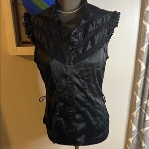 Forever 21 Vintage Y2K Sleeveless Satin Lace Trimmed High Neck Blouse SZ Large